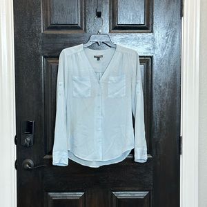 Express V Neck Blue Button Up Roll Tab Polyester Shirt XS